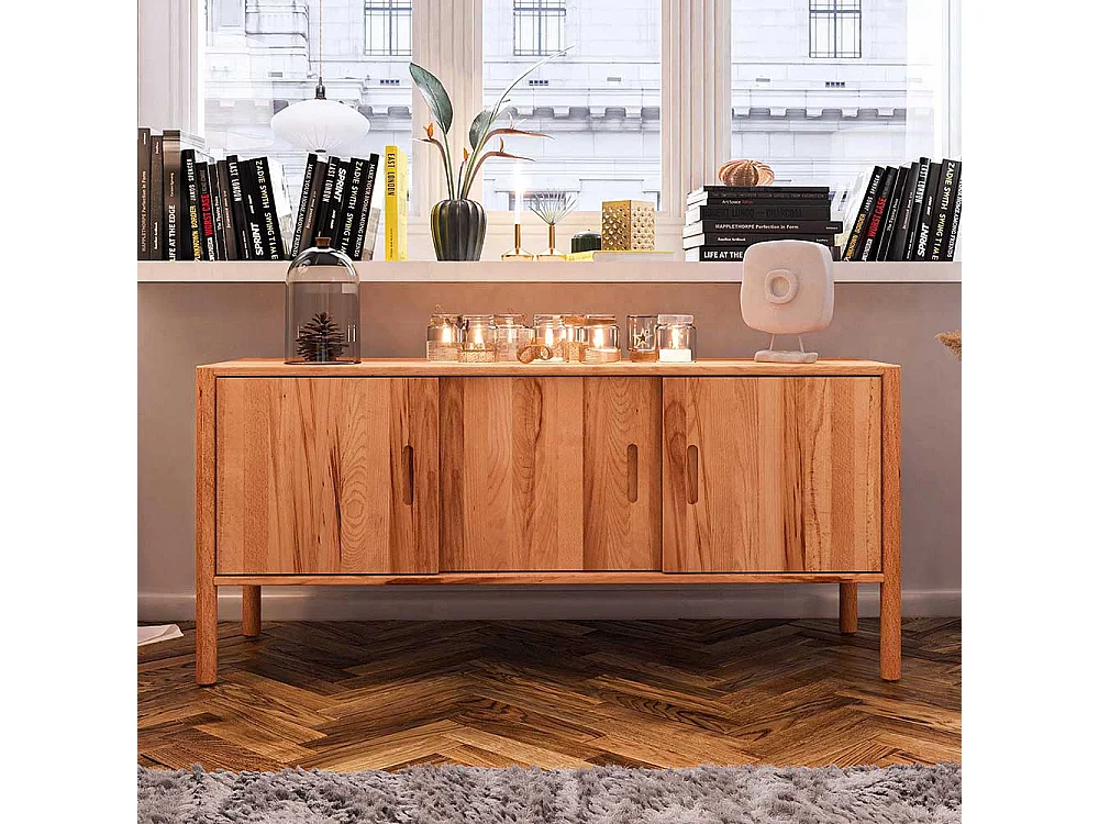 Lowboard mit Schiebetüren aus Wildbuche Massivholz 142 cm breit