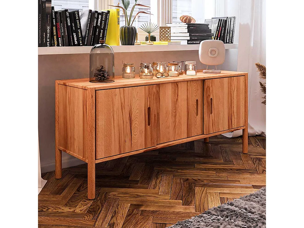 Lowboard mit Schiebetüren aus Wildbuche Massivholz 142 cm breit
