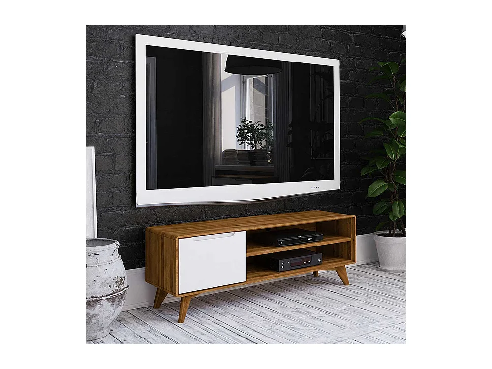 Fernsehtisch in Weiß und Wildeiche modern