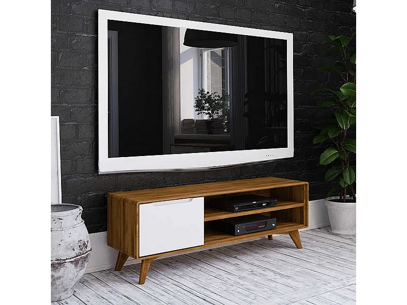 Fernsehtisch in Weiß und Wildeiche modern