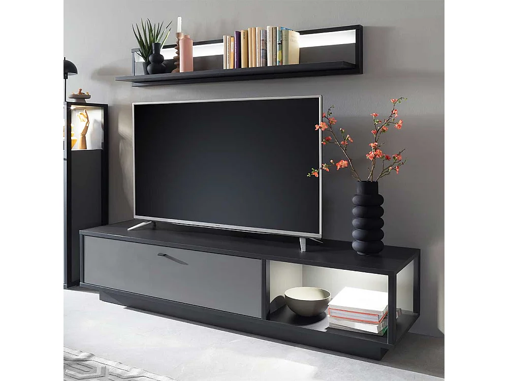 TV Tisch in Grau einer Schublade & offenem Fach