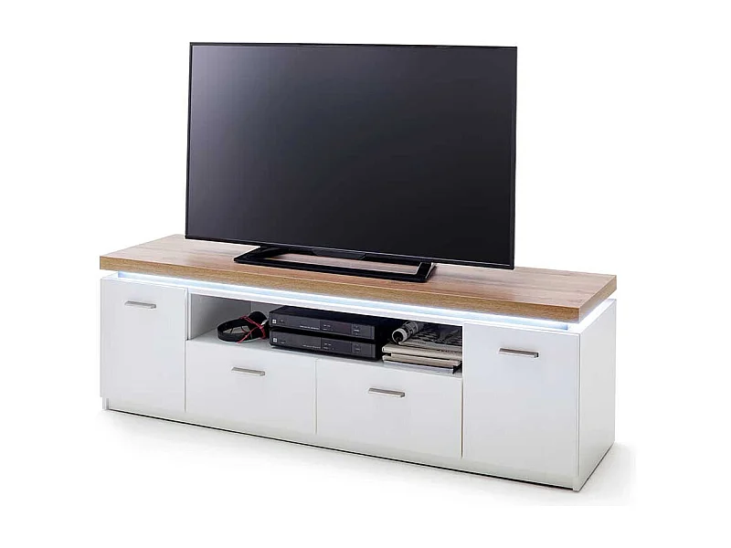 TV Schrank in Weiß und Wildeichefarben LED Beleuchtung