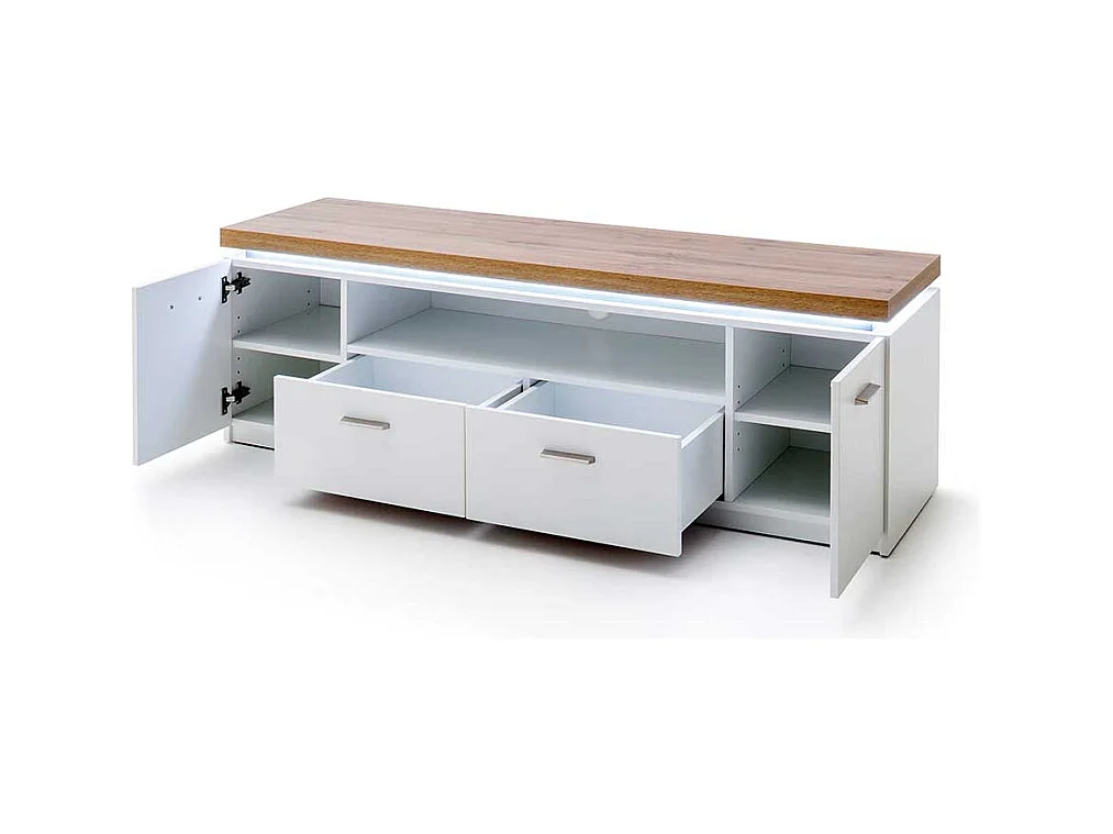 TV Schrank in Weiß und Wildeichefarben LED Beleuchtung