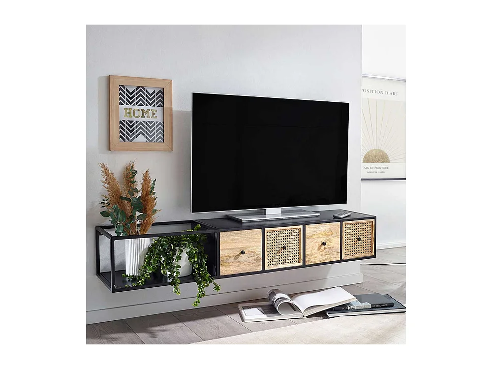 TV Hängeboard 150 cm breit vier Schubladen Rattan Geflecht