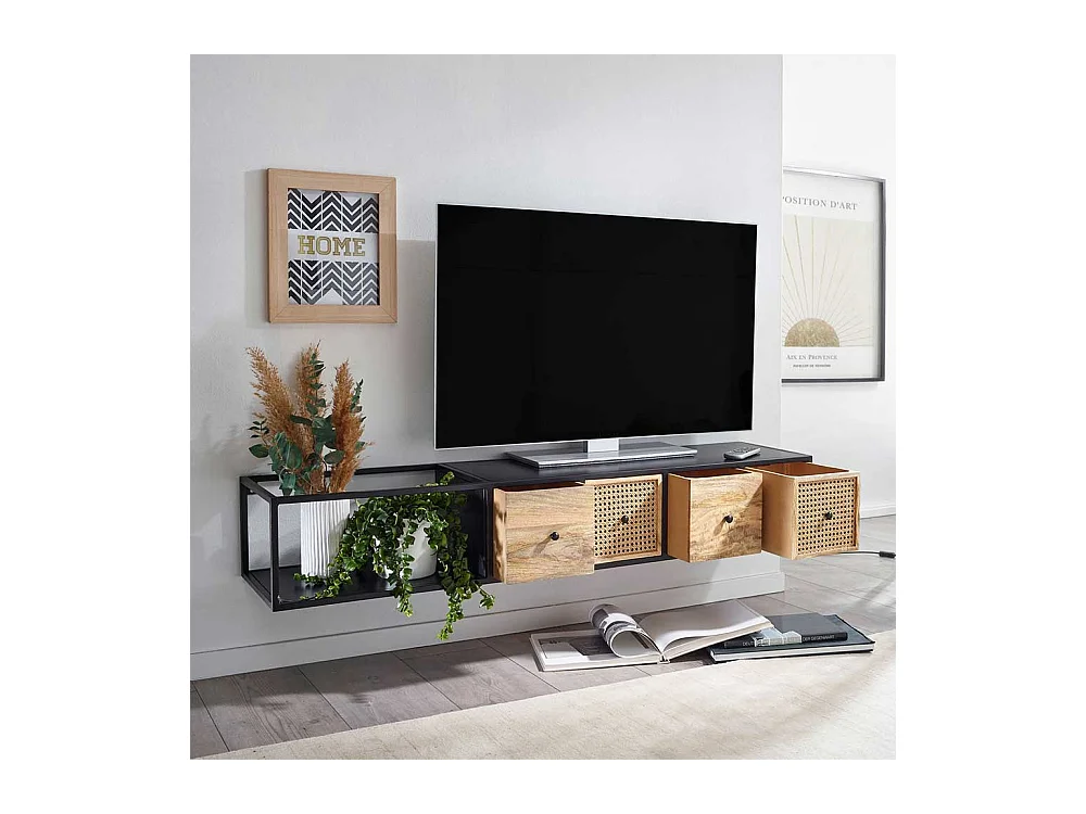 TV Hängeboard 150 cm breit vier Schubladen Rattan Geflecht