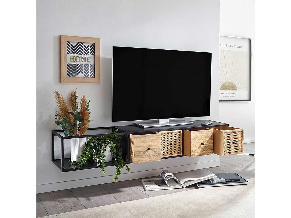 TV Hängeboard 150 cm breit vier Schubladen Rattan Geflecht