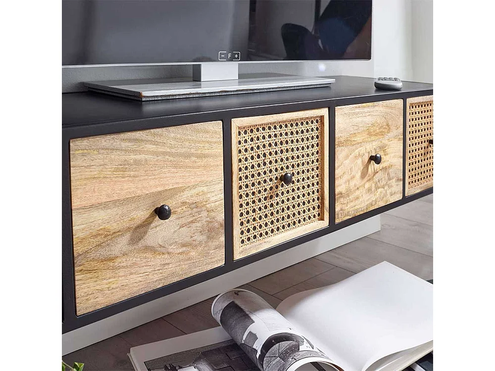 TV Hängeboard 150 cm breit vier Schubladen Rattan Geflecht