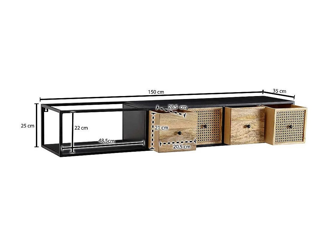 TV Hängeboard 150 cm breit vier Schubladen Rattan Geflecht