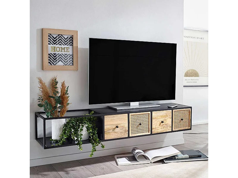 TV Hängeboard 150 cm breit vier Schubladen Rattan Geflecht