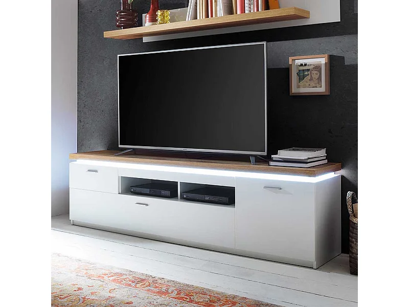 TV Lowboard in Weiß und Wildeiche Optik LED Beleuchtung