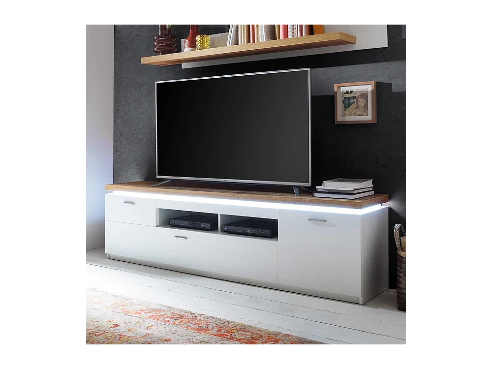 TV Lowboard in Weiß und Wildeiche Optik LED Beleuchtung