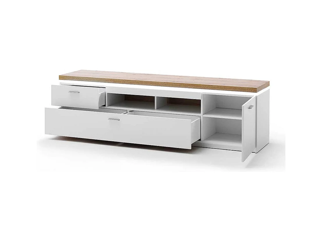 TV Lowboard in Weiß und Wildeiche Optik LED Beleuchtung