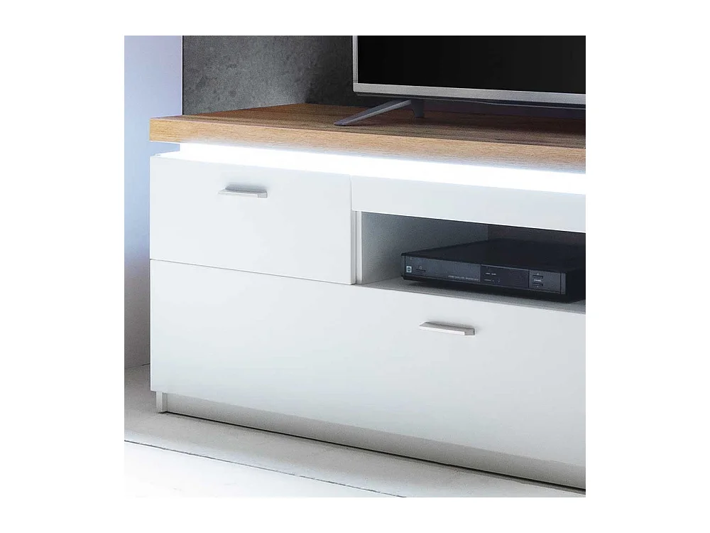 TV Lowboard in Weiß und Wildeiche Optik LED Beleuchtung