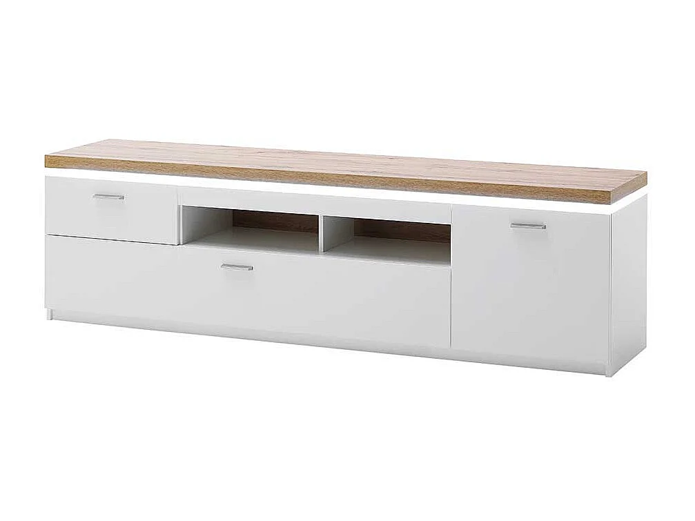 TV Lowboard in Weiß und Wildeiche Optik LED Beleuchtung