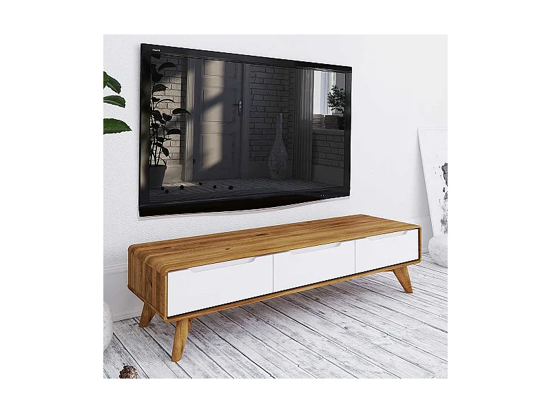 TV Lowboard in Weiß und Wildeiche drei Schubladen