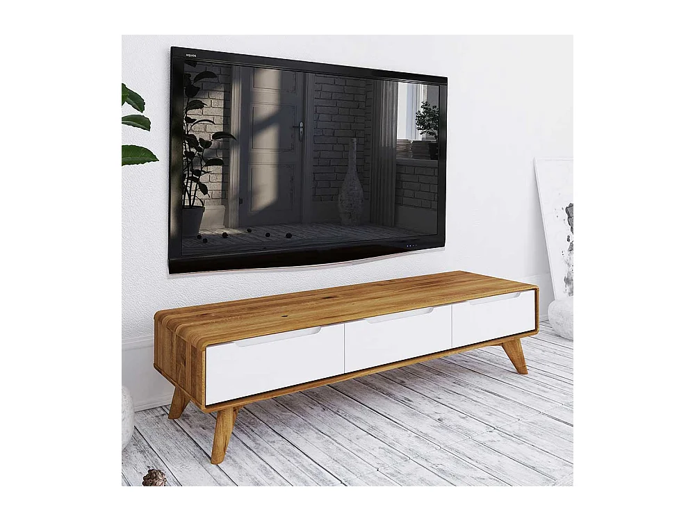 TV Lowboard in Weiß und Wildeiche drei Schubladen