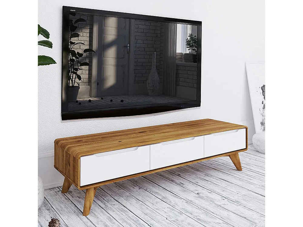 TV Lowboard in Weiß und Wildeiche drei Schubladen