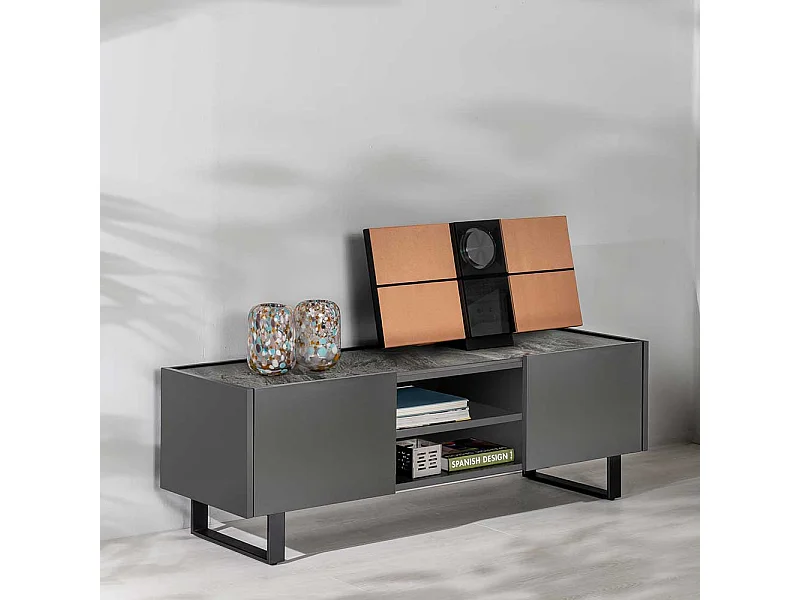 Phonomöbel Grau in modernem Design 140 cm breit 45 cm hoch