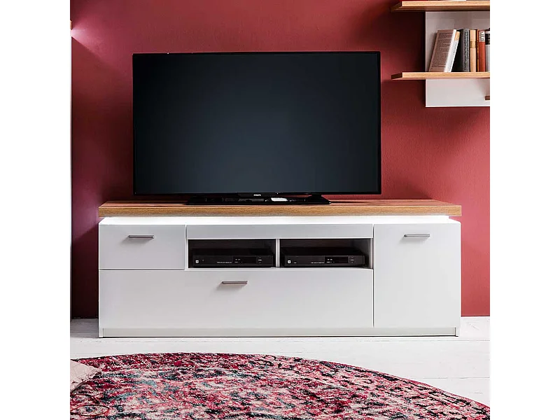 TV Board in Weiß und Wildeiche Optik LED Beleuchtung