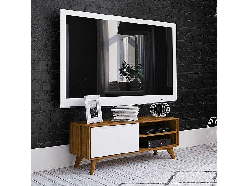 Fernsehertisch in Weiß und Wildeiche 120 cm breit