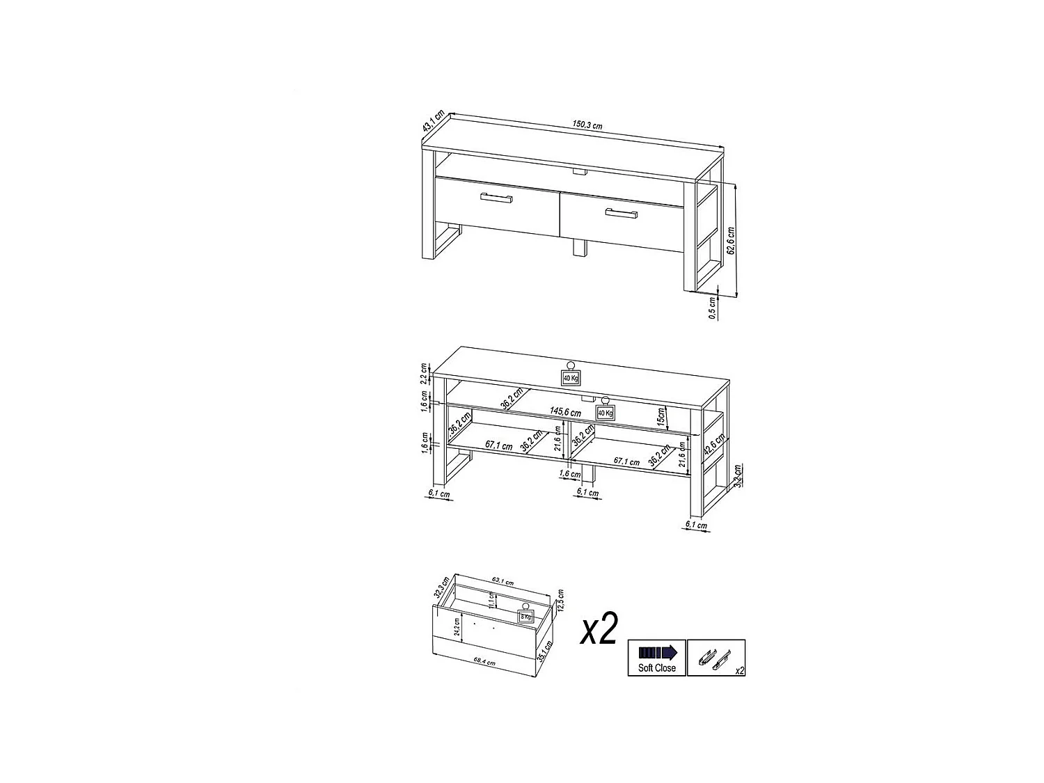 TV Lowboard mit zwei Schubladen ein offenes Gerätefach