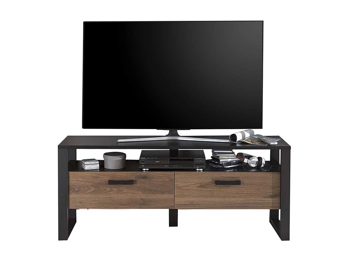 TV Lowboard mit zwei Schubladen ein offenes Gerätefach