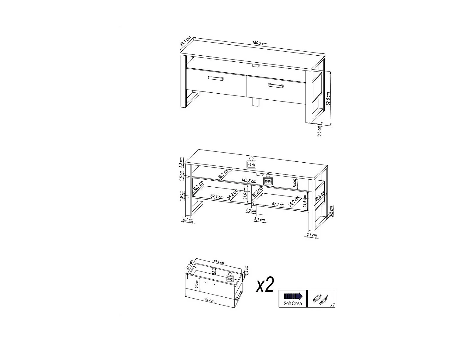 TV Lowboard mit zwei Schubladen ein offenes Gerätefach