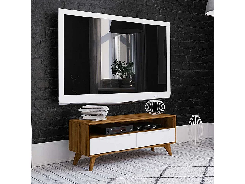 TV Unterschrank in Weiß und Wildeiche zwei Schubladen