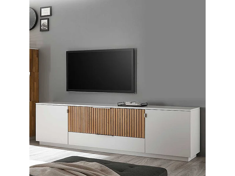 Fernseh Unterschrank in Eiche Bianco und Weiß 223 cm breit