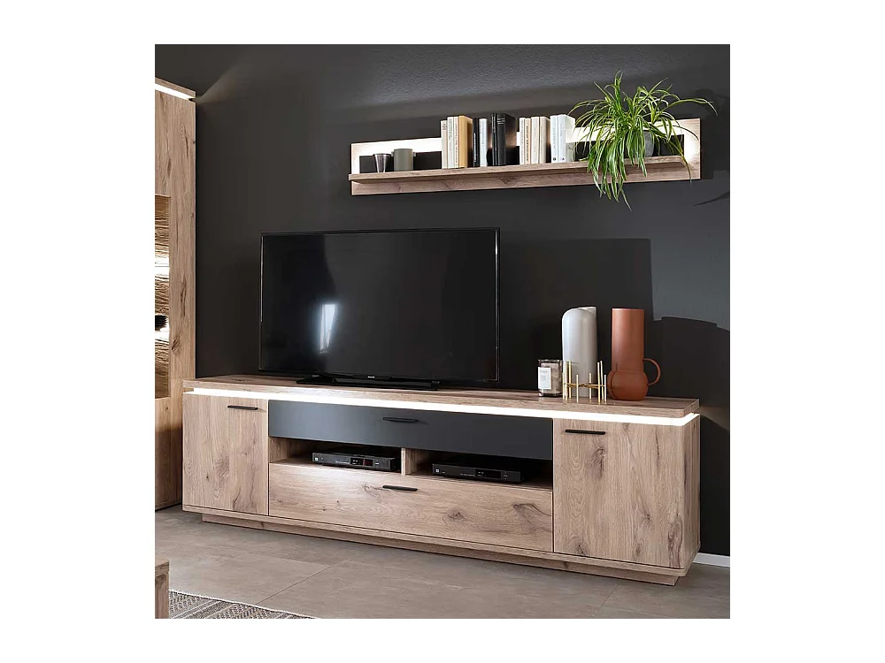 TV Lowboard mit LED Beleuchtung Wildeichefarben und Anthrazit