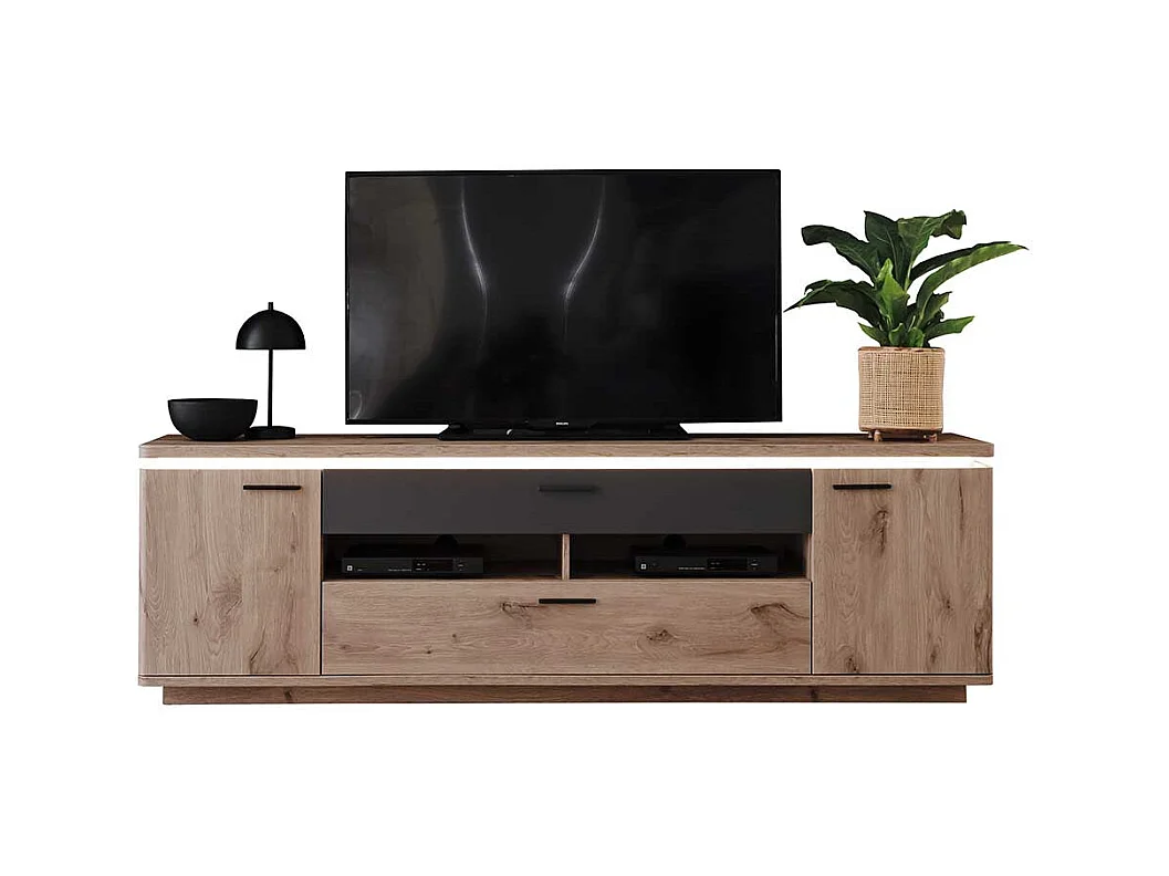 TV Lowboard mit LED Beleuchtung Wildeichefarben und Anthrazit