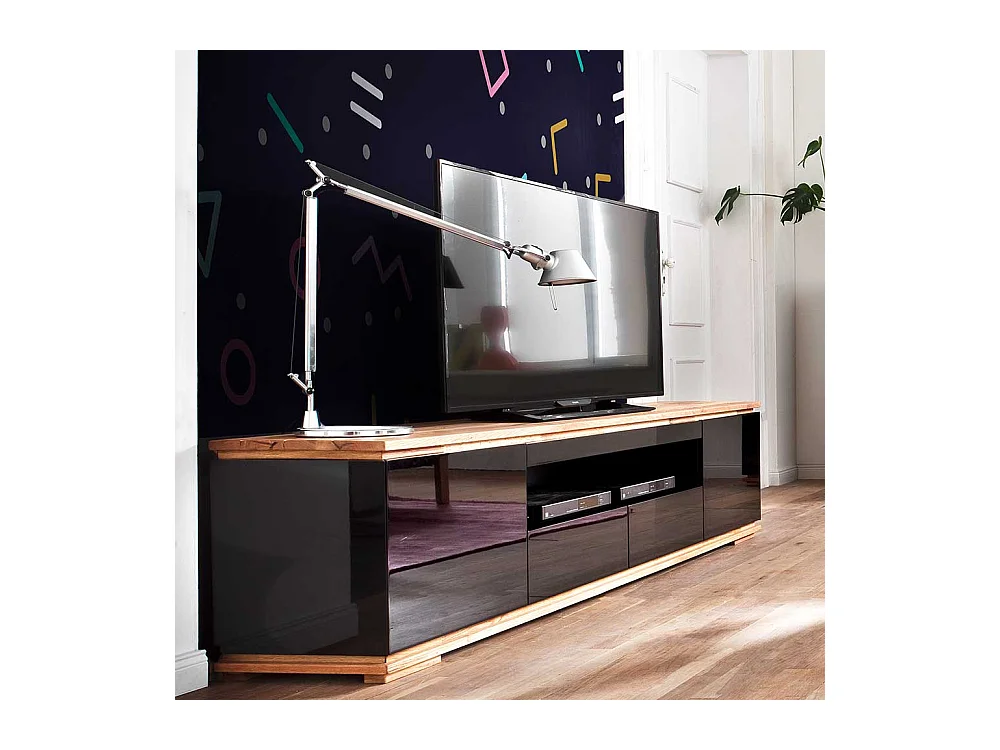 Design Fernsehunterschrank in Schwarz Hochglanz Asteiche Massivholz