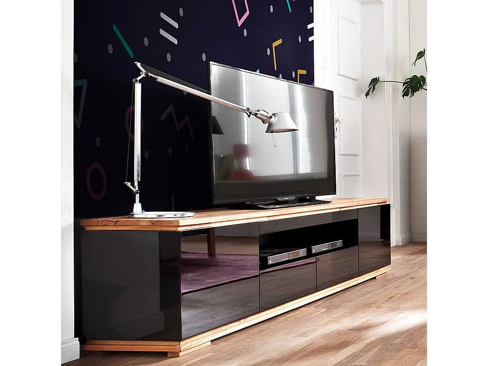 Design Fernsehunterschrank in Schwarz Hochglanz Asteiche Massivholz