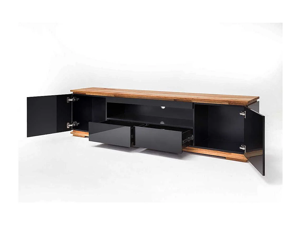 Design Fernsehunterschrank in Schwarz Hochglanz Asteiche Massivholz