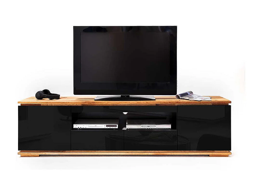 Design Fernsehunterschrank in Schwarz Hochglanz Asteiche Massivholz
