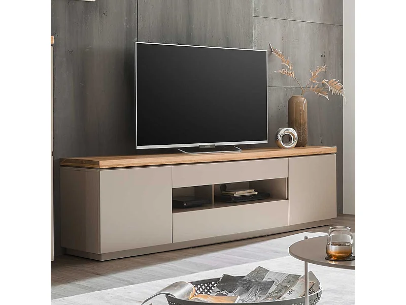 XL TV Lowboard in Taupe Deckplatte aus Akazie Massivholz