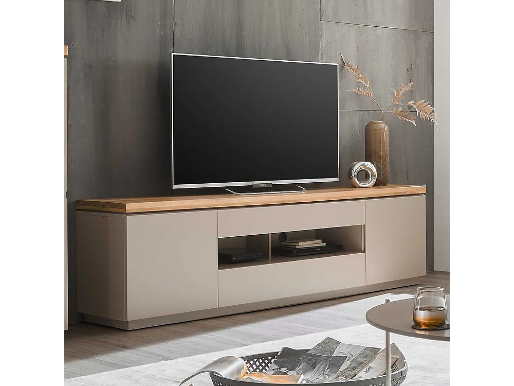 XL TV Lowboard in Taupe Deckplatte aus Akazie Massivholz
