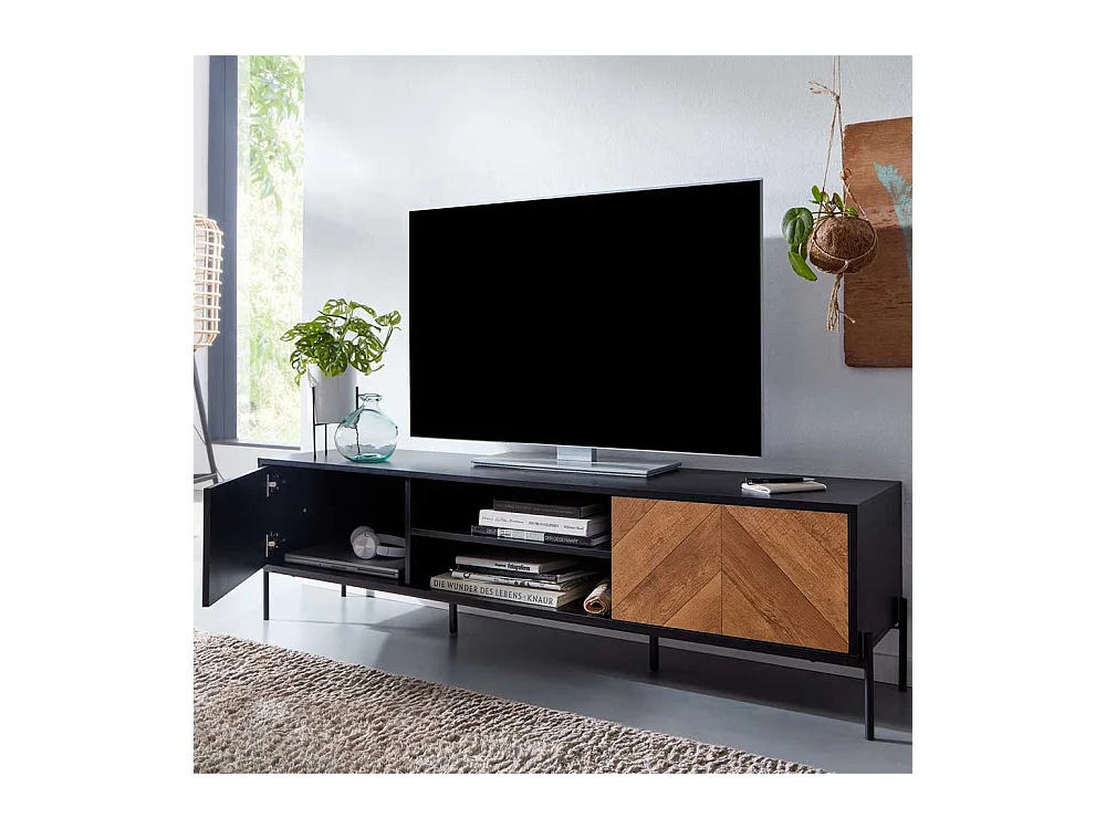 Phonomöbel in Eichefarben & Schwarz 2 Türen 2 offene Fächer