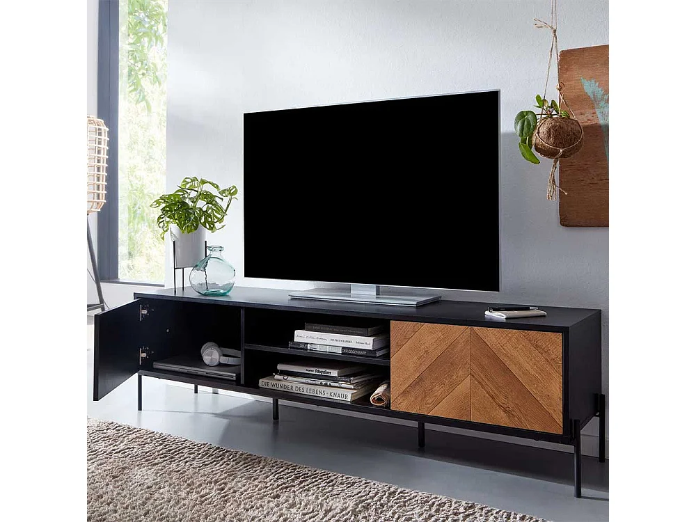 Phonomöbel in Eichefarben & Schwarz 2 Türen 2 offene Fächer