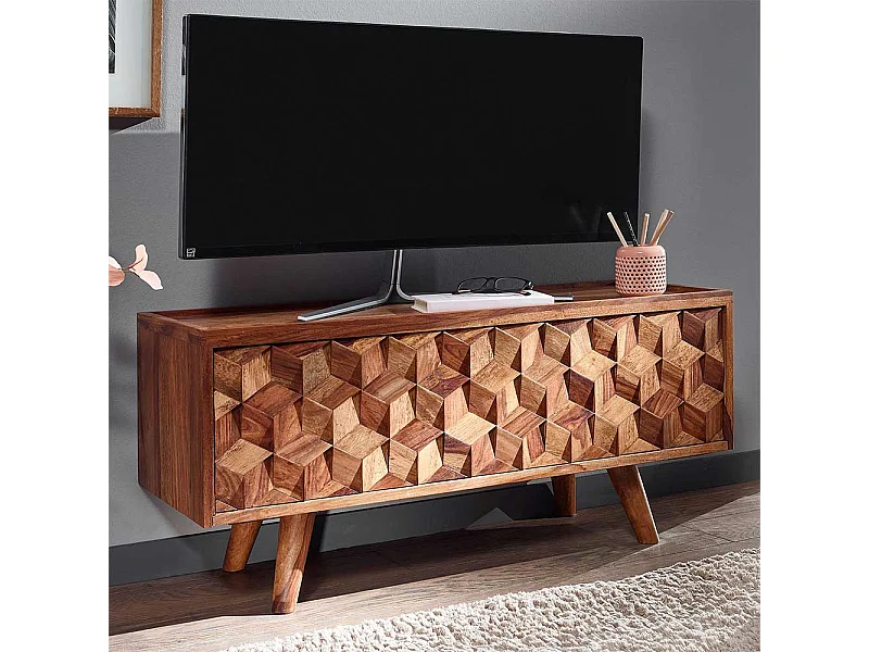 TV Lowboard mit 3D Holz Front Sheesham Massivholz
