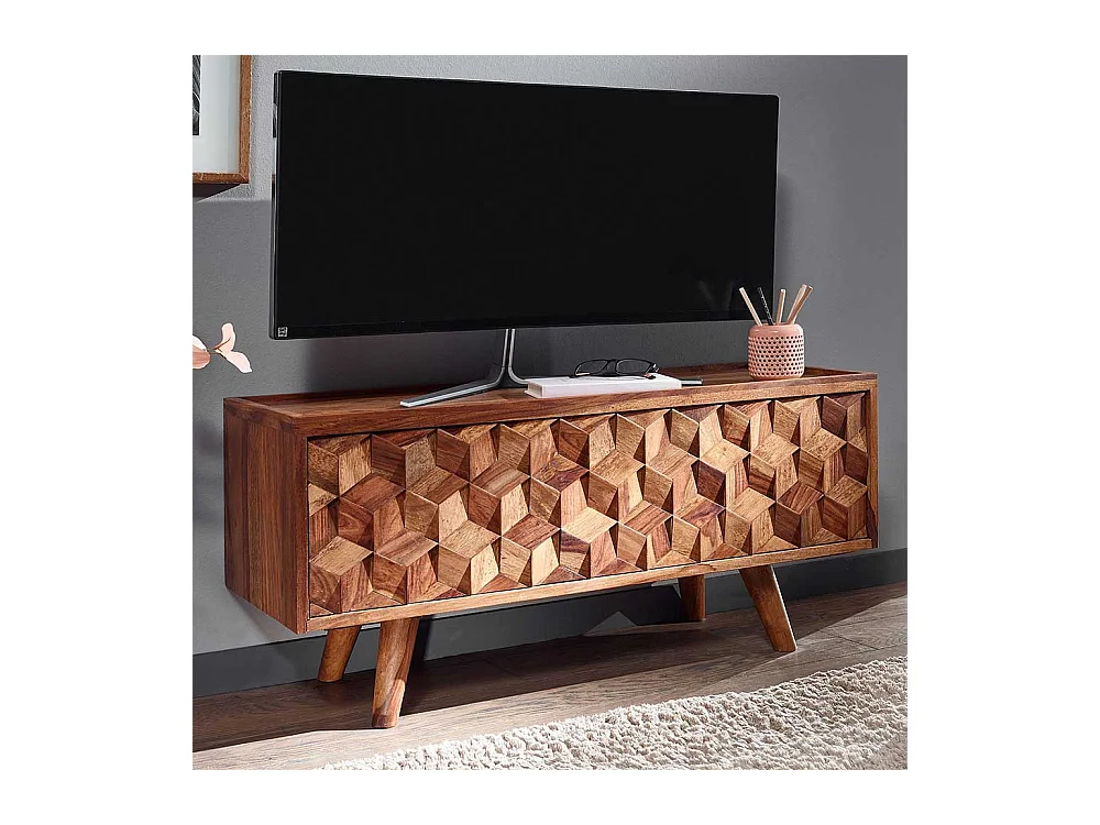TV Lowboard mit 3D Holz Front Sheesham Massivholz
