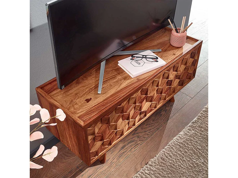 TV Lowboard mit 3D Holz Front Sheesham Massivholz