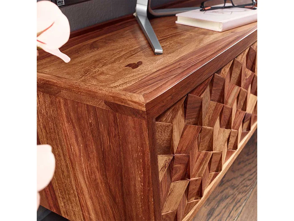 TV Lowboard mit 3D Holz Front Sheesham Massivholz