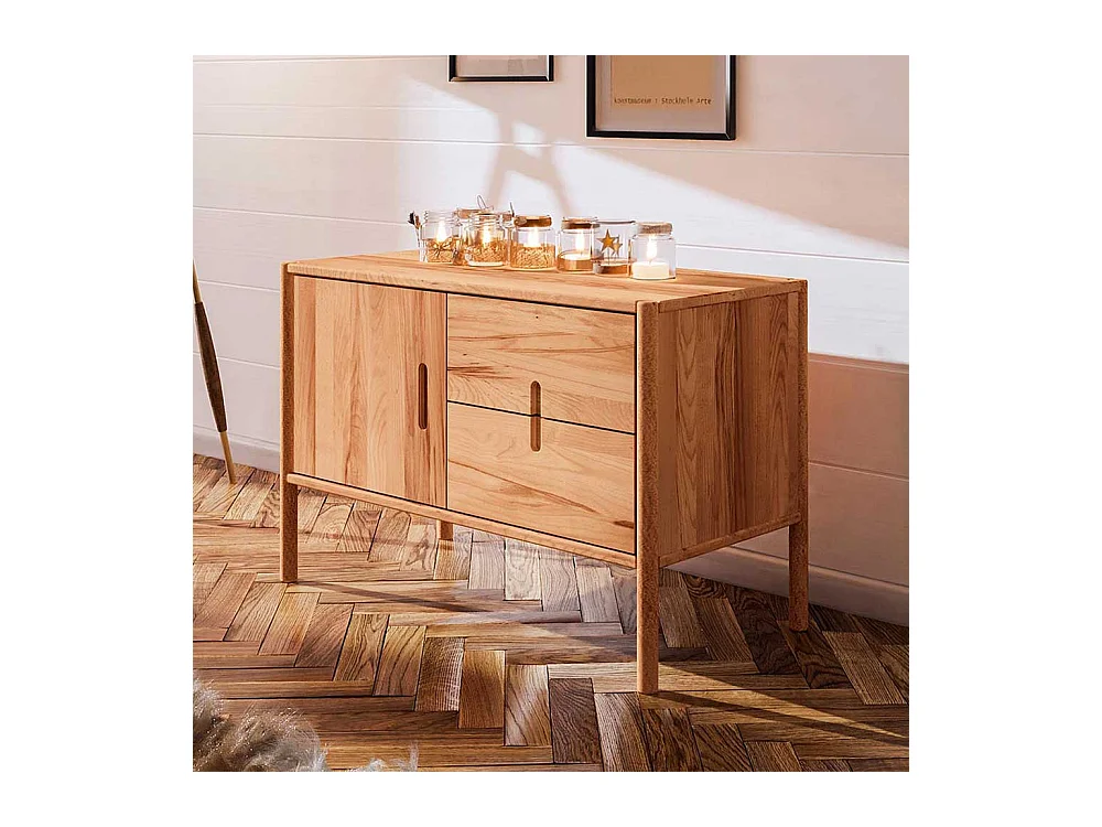 Holzkommode massiv in Wildbuchefarben zwei Schubladen und Tür