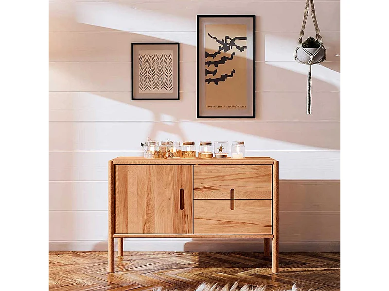 Holzkommode massiv in Wildbuchefarben zwei Schubladen und Tür