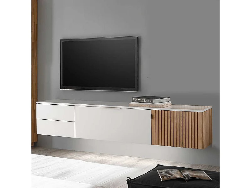 Fernsehlowboard hängend in Eiche Bianco und Weiß 206 cm breit