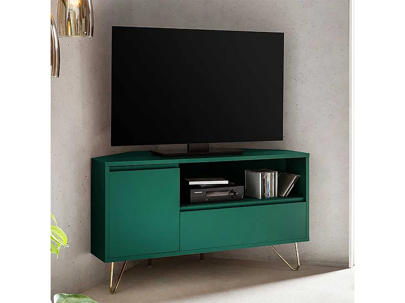 Eck Fernseher Schrank in Grün und Goldfarben Klappe