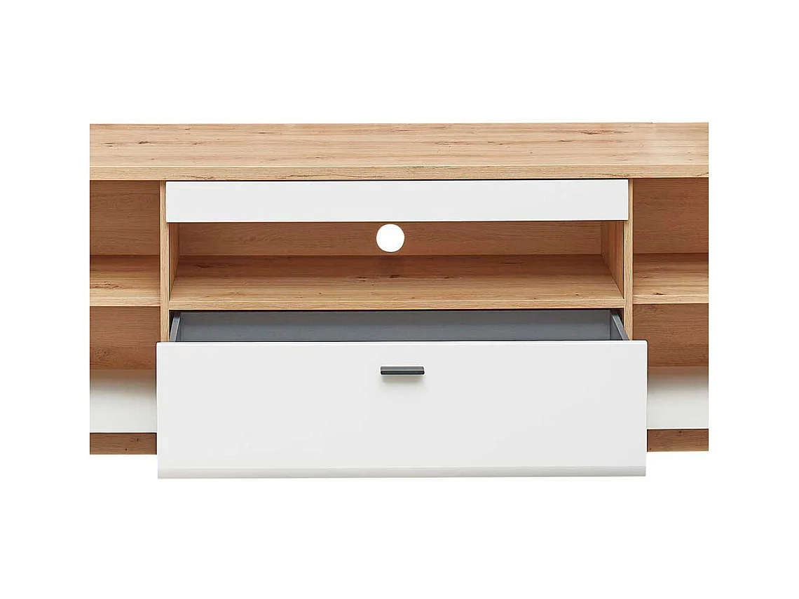 Flachstrecke Wohnzimmer in Weiß und Wildeichefarben einer Schublade