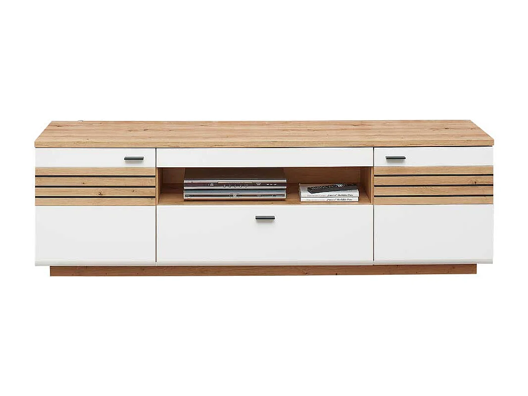 Flachstrecke Wohnzimmer in Weiß und Wildeichefarben einer Schublade