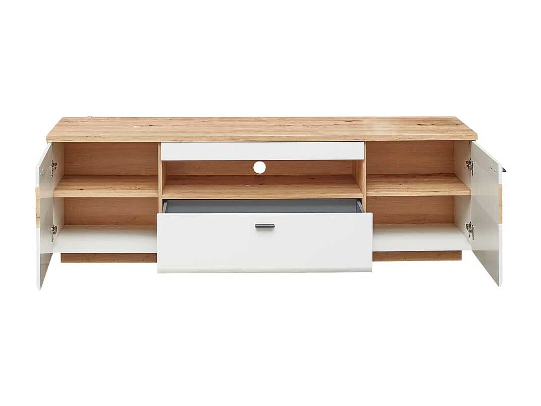 Flachstrecke Wohnzimmer in Weiß und Wildeichefarben einer Schublade